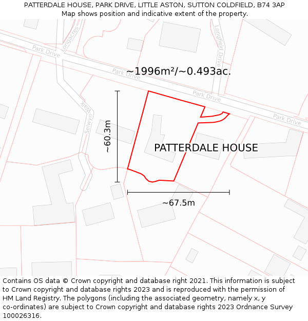 PATTERDALE HOUSE, PARK DRIVE, LITTLE ASTON, SUTTON COLDFIELD, B74 3AP: Plot and title map