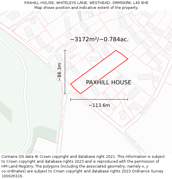 PAXHILL HOUSE, WHITELEYS LANE, WESTHEAD, ORMSKIRK, L40 6HE: Plot and title map