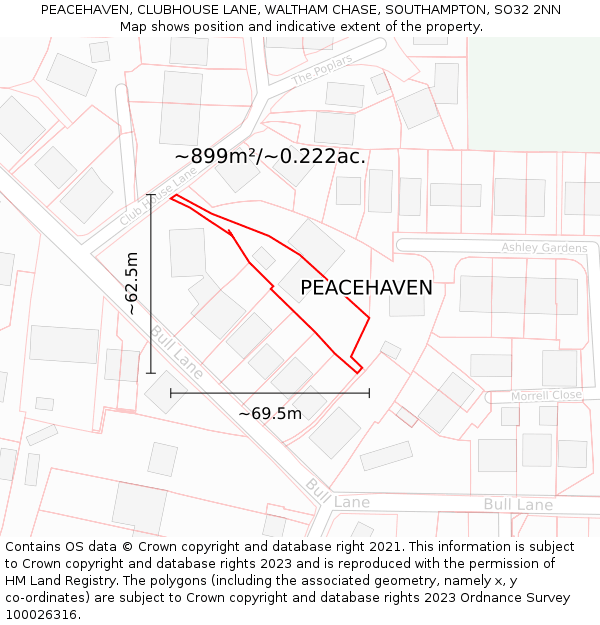 PEACEHAVEN, CLUBHOUSE LANE, WALTHAM CHASE, SOUTHAMPTON, SO32 2NN: Plot and title map