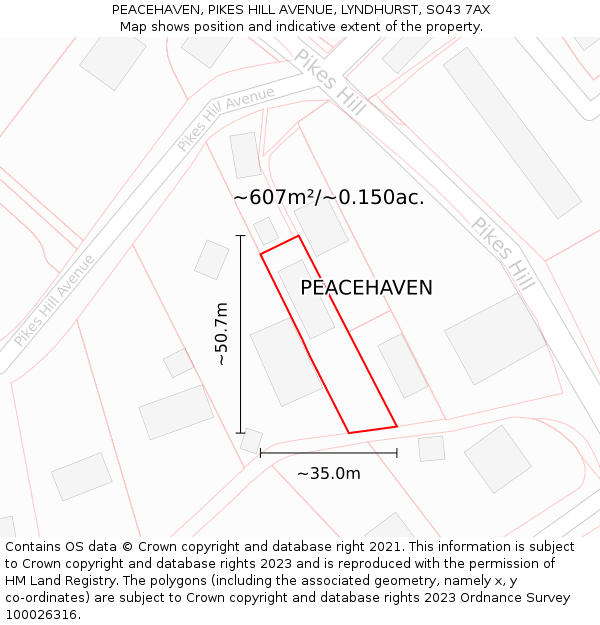 PEACEHAVEN, PIKES HILL AVENUE, LYNDHURST, SO43 7AX: Plot and title map