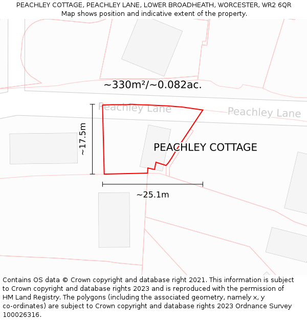 PEACHLEY COTTAGE, PEACHLEY LANE, LOWER BROADHEATH, WORCESTER, WR2 6QR: Plot and title map