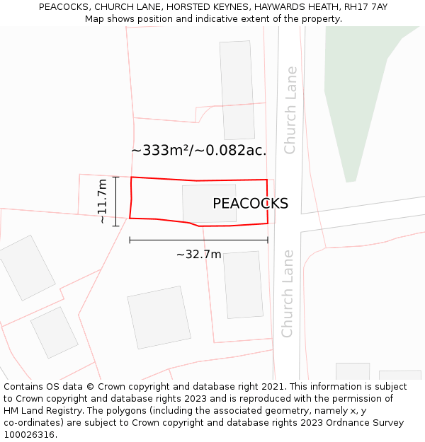 PEACOCKS, CHURCH LANE, HORSTED KEYNES, HAYWARDS HEATH, RH17 7AY: Plot and title map