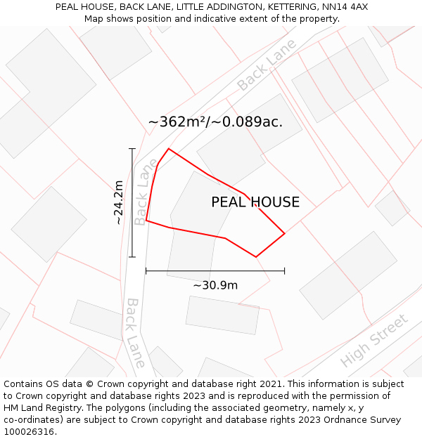 PEAL HOUSE, BACK LANE, LITTLE ADDINGTON, KETTERING, NN14 4AX: Plot and title map