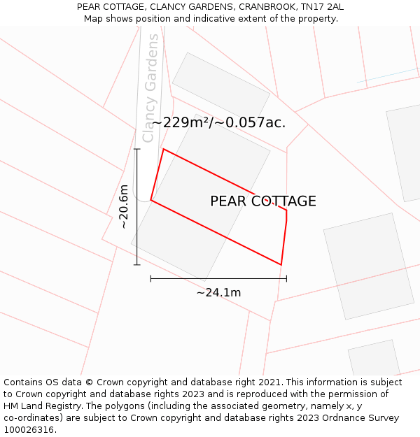 PEAR COTTAGE, CLANCY GARDENS, CRANBROOK, TN17 2AL: Plot and title map