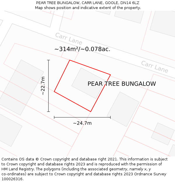 PEAR TREE BUNGALOW, CARR LANE, GOOLE, DN14 6LZ: Plot and title map