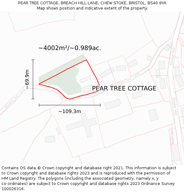 PEAR TREE COTTAGE, BREACH HILL LANE, CHEW STOKE, BRISTOL, BS40 8YA: Plot and title map