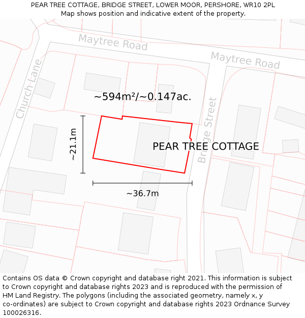 PEAR TREE COTTAGE, BRIDGE STREET, LOWER MOOR, PERSHORE, WR10 2PL: Plot and title map