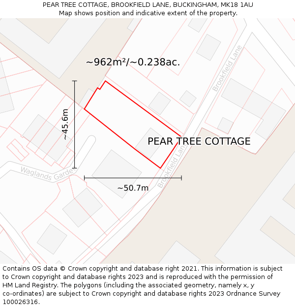 PEAR TREE COTTAGE, BROOKFIELD LANE, BUCKINGHAM, MK18 1AU: Plot and title map