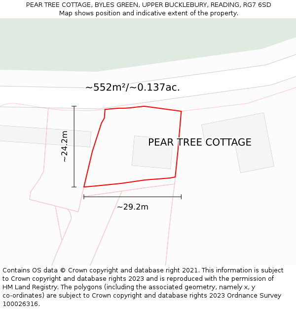 PEAR TREE COTTAGE, BYLES GREEN, UPPER BUCKLEBURY, READING, RG7 6SD: Plot and title map