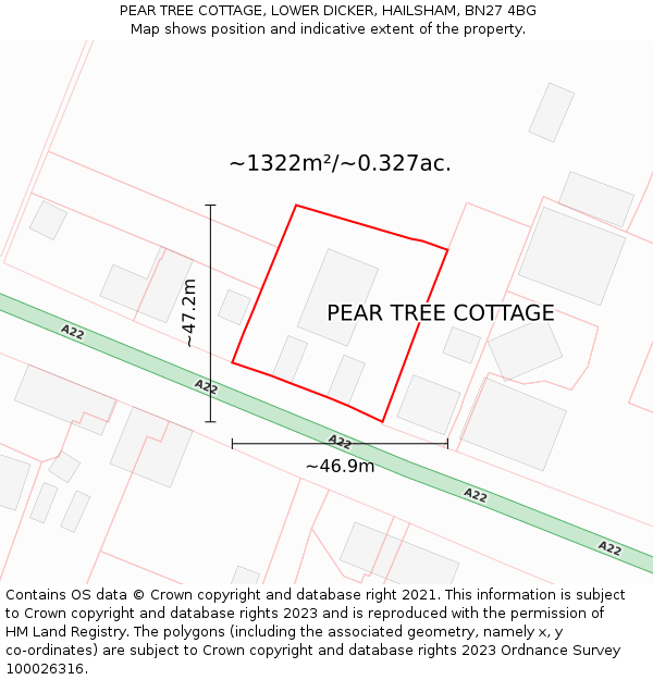 PEAR TREE COTTAGE, LOWER DICKER, HAILSHAM, BN27 4BG: Plot and title map