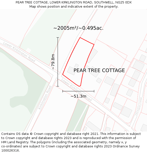 PEAR TREE COTTAGE, LOWER KIRKLINGTON ROAD, SOUTHWELL, NG25 0DX: Plot and title map