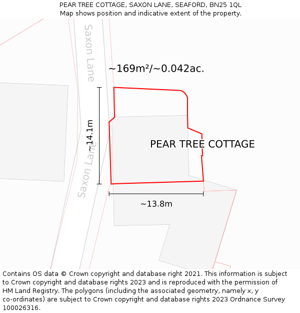 PEAR TREE COTTAGE, SAXON LANE, SEAFORD, BN25 1QL: Plot and title map
