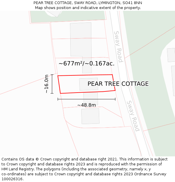 PEAR TREE COTTAGE, SWAY ROAD, LYMINGTON, SO41 8NN: Plot and title map