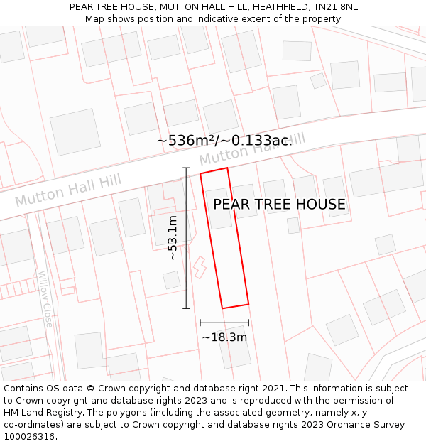 PEAR TREE HOUSE, MUTTON HALL HILL, HEATHFIELD, TN21 8NL: Plot and title map
