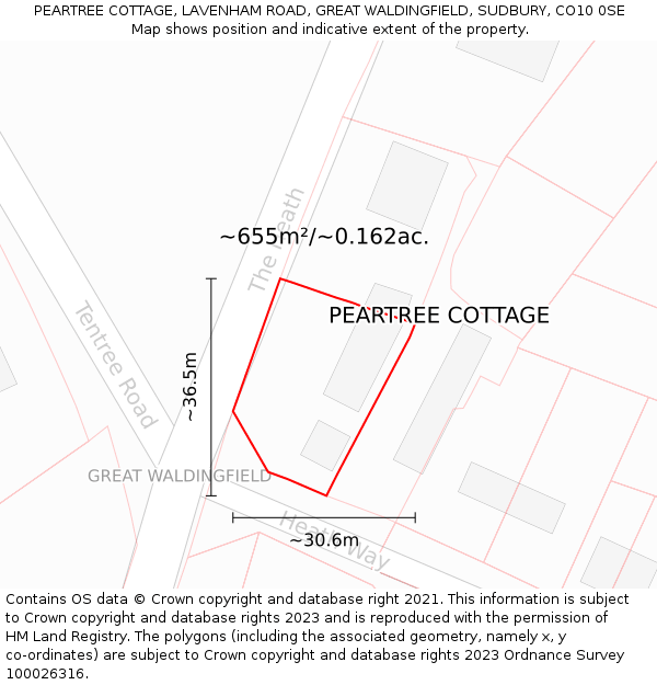 PEARTREE COTTAGE, LAVENHAM ROAD, GREAT WALDINGFIELD, SUDBURY, CO10 0SE: Plot and title map