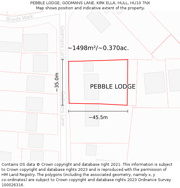 PEBBLE LODGE, GODMANS LANE, KIRK ELLA, HULL, HU10 7NX: Plot and title map