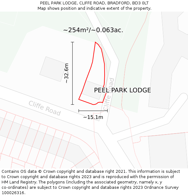 PEEL PARK LODGE, CLIFFE ROAD, BRADFORD, BD3 0LT: Plot and title map