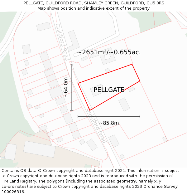 PELLGATE, GUILDFORD ROAD, SHAMLEY GREEN, GUILDFORD, GU5 0RS: Plot and title map
