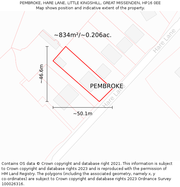 PEMBROKE, HARE LANE, LITTLE KINGSHILL, GREAT MISSENDEN, HP16 0EE: Plot and title map