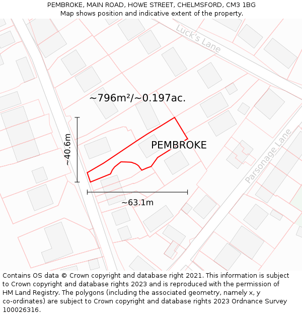 PEMBROKE, MAIN ROAD, HOWE STREET, CHELMSFORD, CM3 1BG: Plot and title map