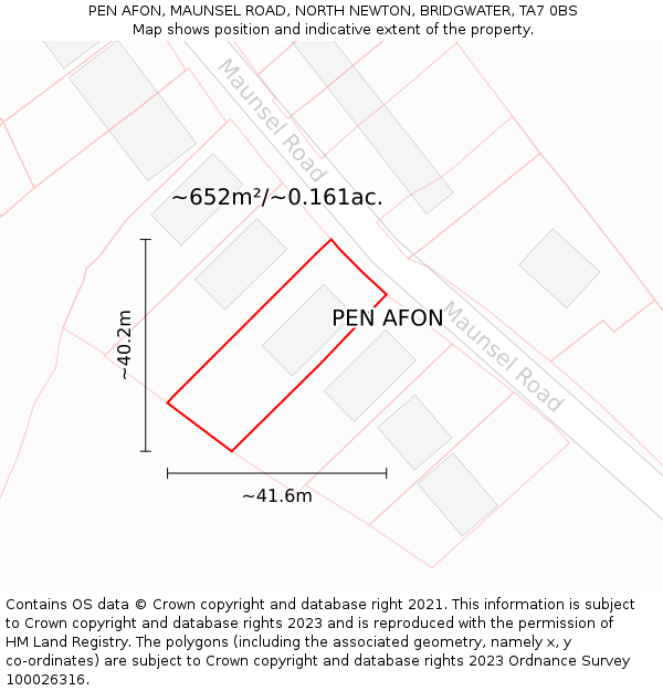 PEN AFON, MAUNSEL ROAD, NORTH NEWTON, BRIDGWATER, TA7 0BS: Plot and title map