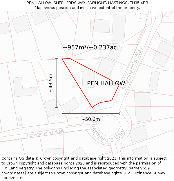 PEN HALLOW, SHEPHERDS WAY, FAIRLIGHT, HASTINGS, TN35 4BB: Plot and title map