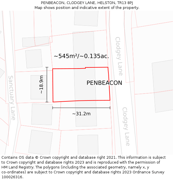 PENBEACON, CLODGEY LANE, HELSTON, TR13 8PJ: Plot and title map