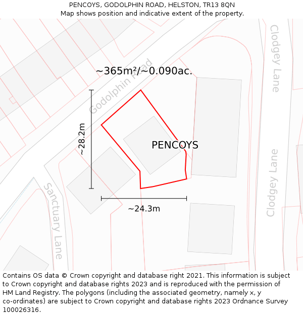 PENCOYS, GODOLPHIN ROAD, HELSTON, TR13 8QN: Plot and title map