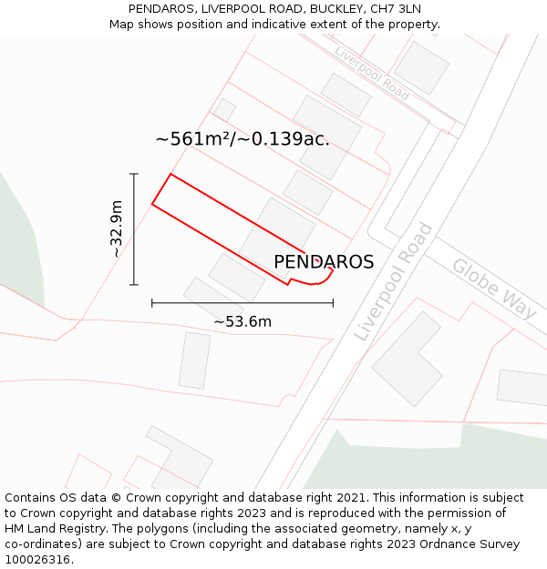 PENDAROS, LIVERPOOL ROAD, BUCKLEY, CH7 3LN: Plot and title map
