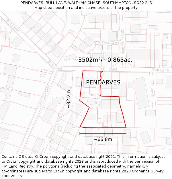 PENDARVES, BULL LANE, WALTHAM CHASE, SOUTHAMPTON, SO32 2LS: Plot and title map