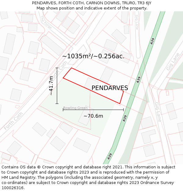 PENDARVES, FORTH COTH, CARNON DOWNS, TRURO, TR3 6JY: Plot and title map