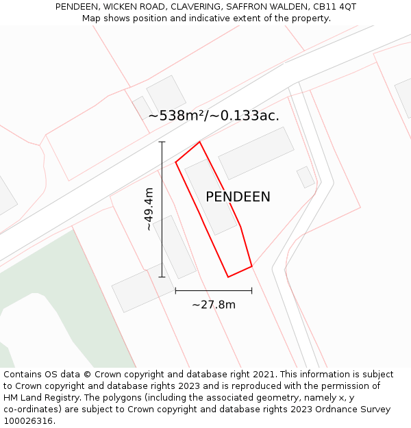 PENDEEN, WICKEN ROAD, CLAVERING, SAFFRON WALDEN, CB11 4QT: Plot and title map