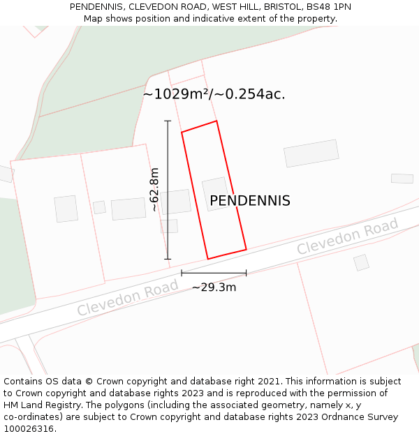 PENDENNIS, CLEVEDON ROAD, WEST HILL, BRISTOL, BS48 1PN: Plot and title map