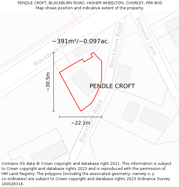 PENDLE CROFT, BLACKBURN ROAD, HIGHER WHEELTON, CHORLEY, PR6 8HS: Plot and title map