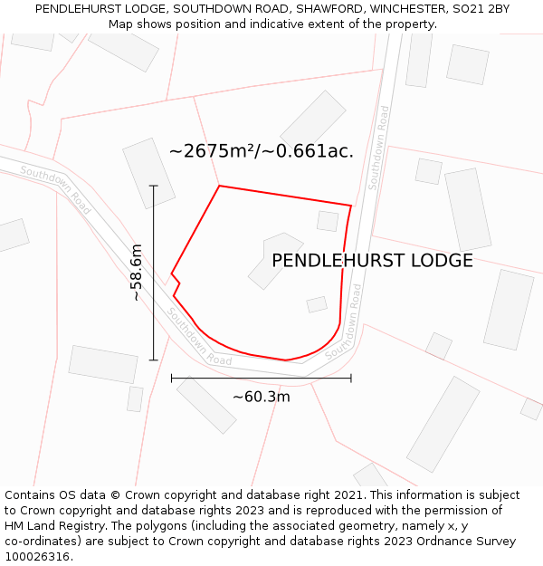 PENDLEHURST LODGE, SOUTHDOWN ROAD, SHAWFORD, WINCHESTER, SO21 2BY: Plot and title map