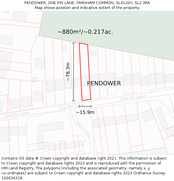 PENDOWER, ONE PIN LANE, FARNHAM COMMON, SLOUGH, SL2 3RA: Plot and title map