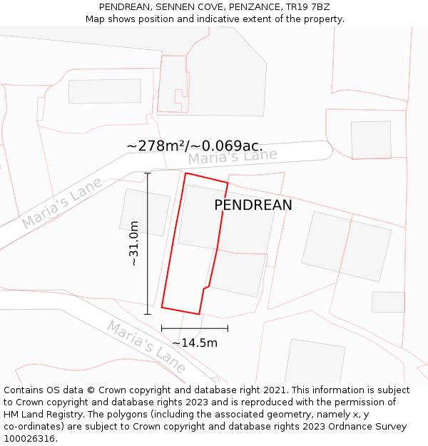 PENDREAN, SENNEN COVE, PENZANCE, TR19 7BZ: Plot and title map