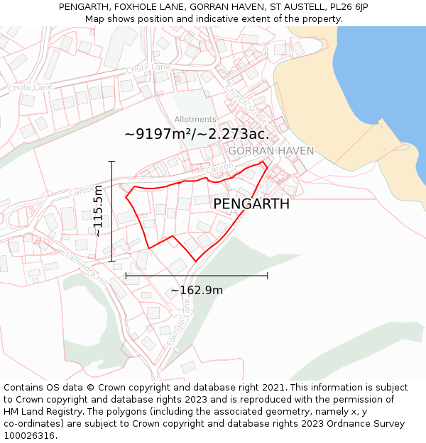 PENGARTH, FOXHOLE LANE, GORRAN HAVEN, ST AUSTELL, PL26 6JP: Plot and title map