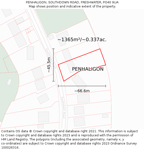 PENHALIGON, SOUTHDOWN ROAD, FRESHWATER, PO40 9UA: Plot and title map