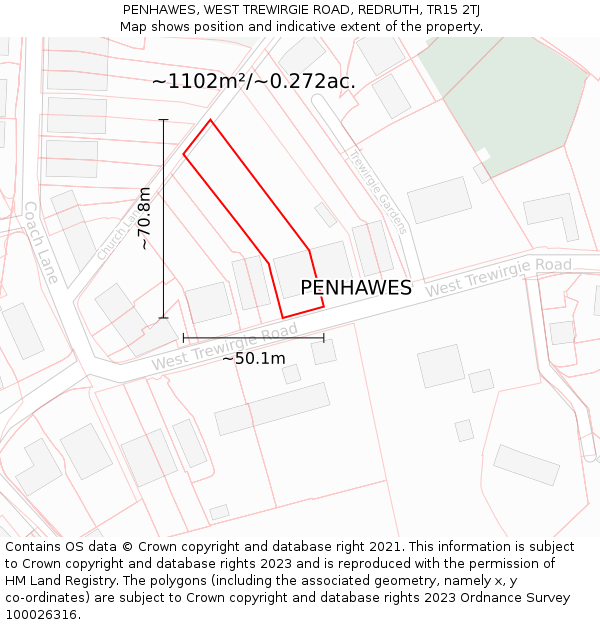PENHAWES, WEST TREWIRGIE ROAD, REDRUTH, TR15 2TJ: Plot and title map