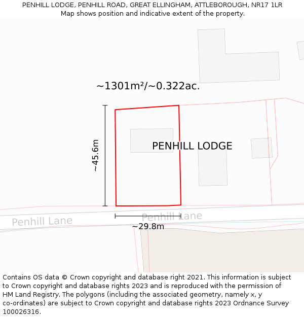 PENHILL LODGE, PENHILL ROAD, GREAT ELLINGHAM, ATTLEBOROUGH, NR17 1LR: Plot and title map