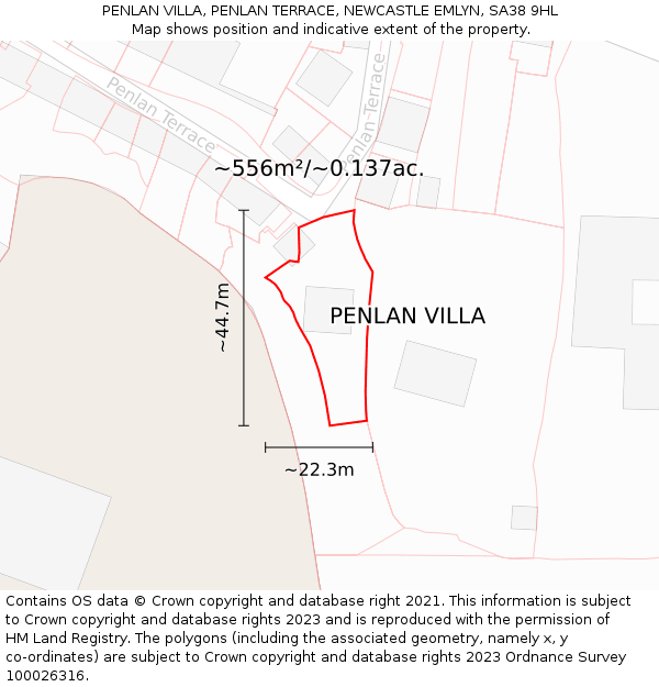 PENLAN VILLA, PENLAN TERRACE, NEWCASTLE EMLYN, SA38 9HL: Plot and title map