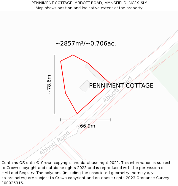 PENNIMENT COTTAGE, ABBOTT ROAD, MANSFIELD, NG19 6LY: Plot and title map