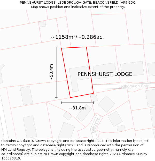 PENNSHURST LODGE, LEDBOROUGH GATE, BEACONSFIELD, HP9 2DQ: Plot and title map