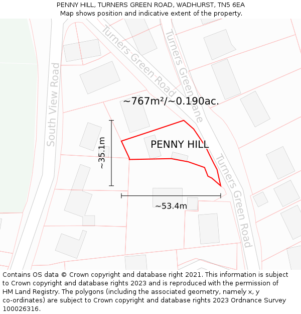 PENNY HILL, TURNERS GREEN ROAD, WADHURST, TN5 6EA: Plot and title map