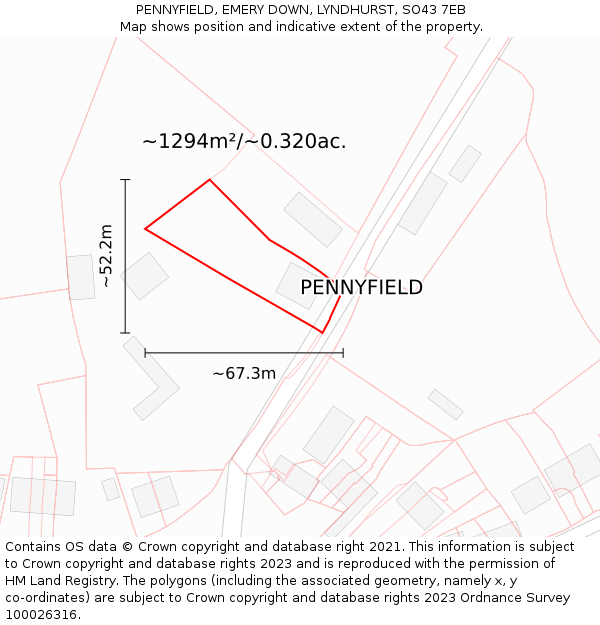 PENNYFIELD, EMERY DOWN, LYNDHURST, SO43 7EB: Plot and title map