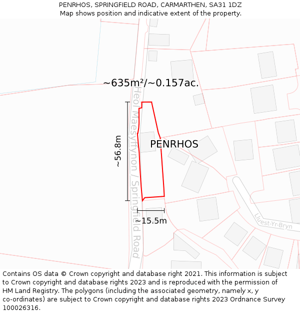 PENRHOS, SPRINGFIELD ROAD, CARMARTHEN, SA31 1DZ: Plot and title map