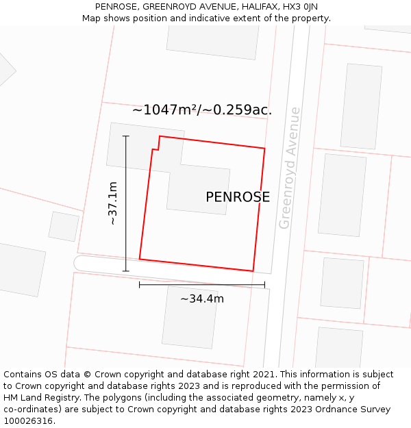 PENROSE, GREENROYD AVENUE, HALIFAX, HX3 0JN: Plot and title map