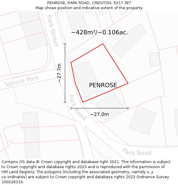 PENROSE, PARK ROAD, CREDITON, EX17 3ET: Plot and title map