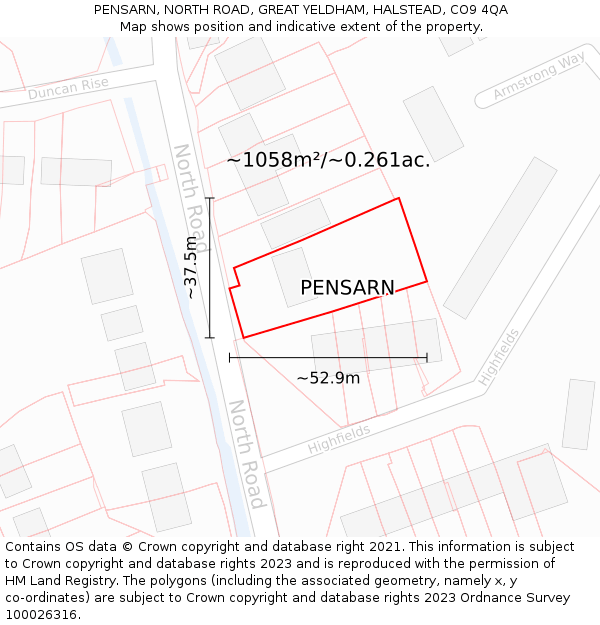 PENSARN, NORTH ROAD, GREAT YELDHAM, HALSTEAD, CO9 4QA: Plot and title map